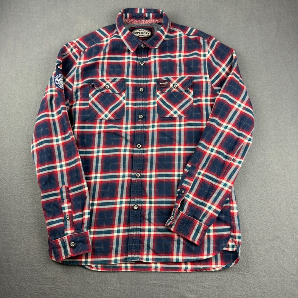 Superdry Flannel Shirt Men's XL Red Plaid Long Sleeve Button Down Patch Outdoor